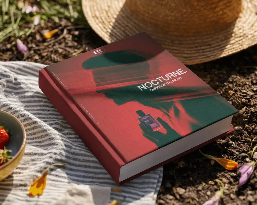 picnic-style-book-mockup-on-striped-cloth-with-sunlight-and-strawberries-in-outdoor-scene