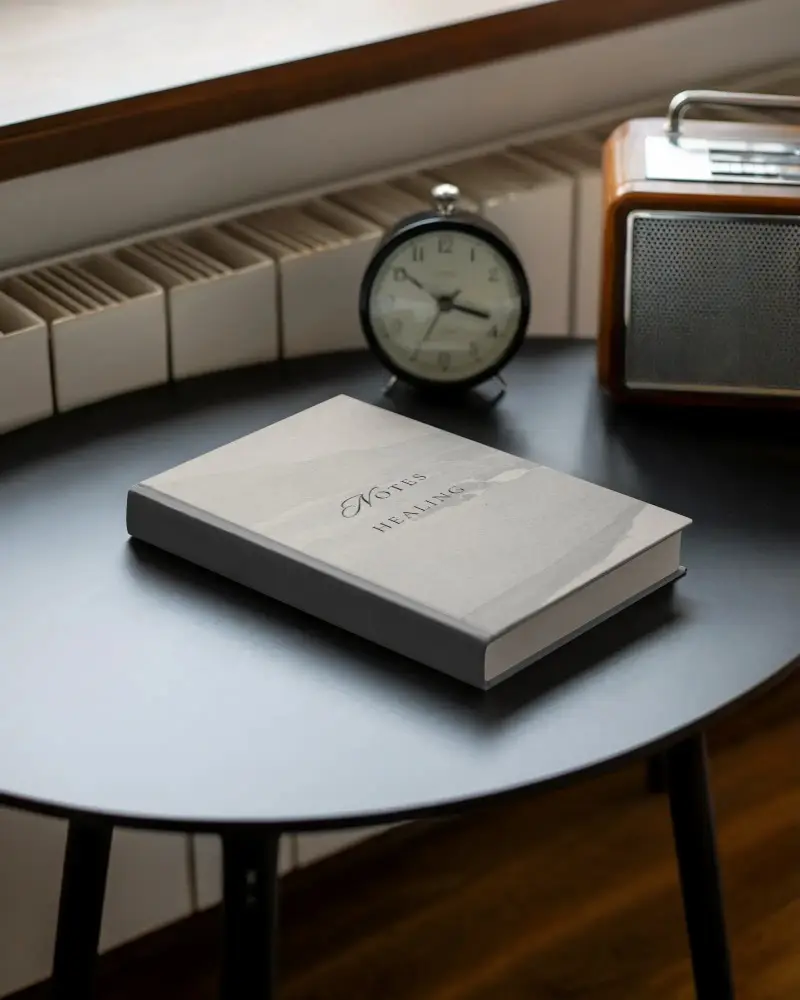 closed-hardback-book-mockup-displayed-on-desk-next-to-vintage-clock-radio