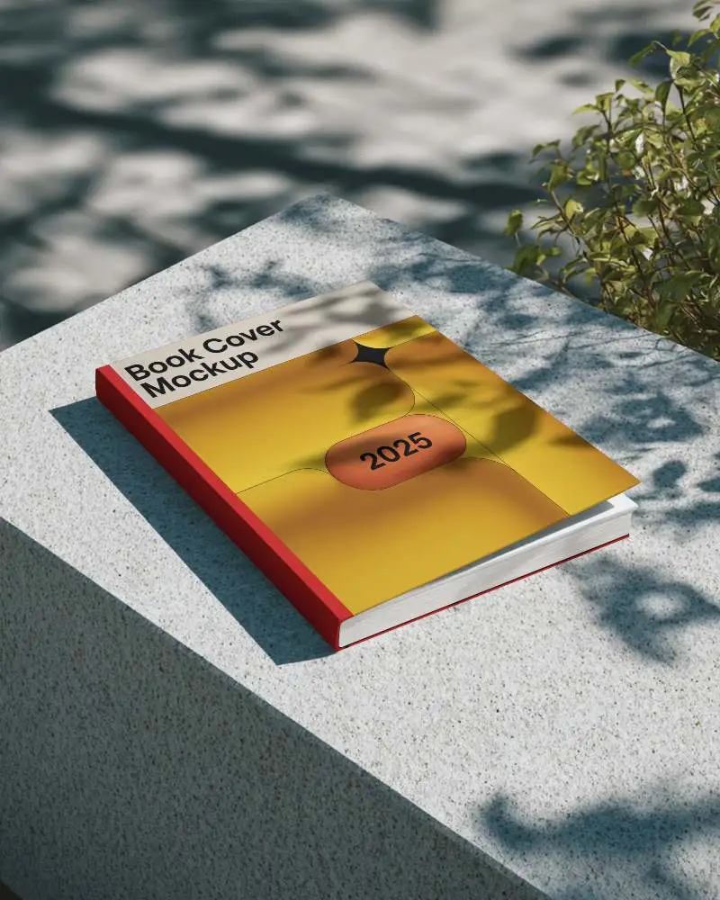Hardcover Book Mockup On Stone Surface With Soft Shadow Plant Reflection For Design