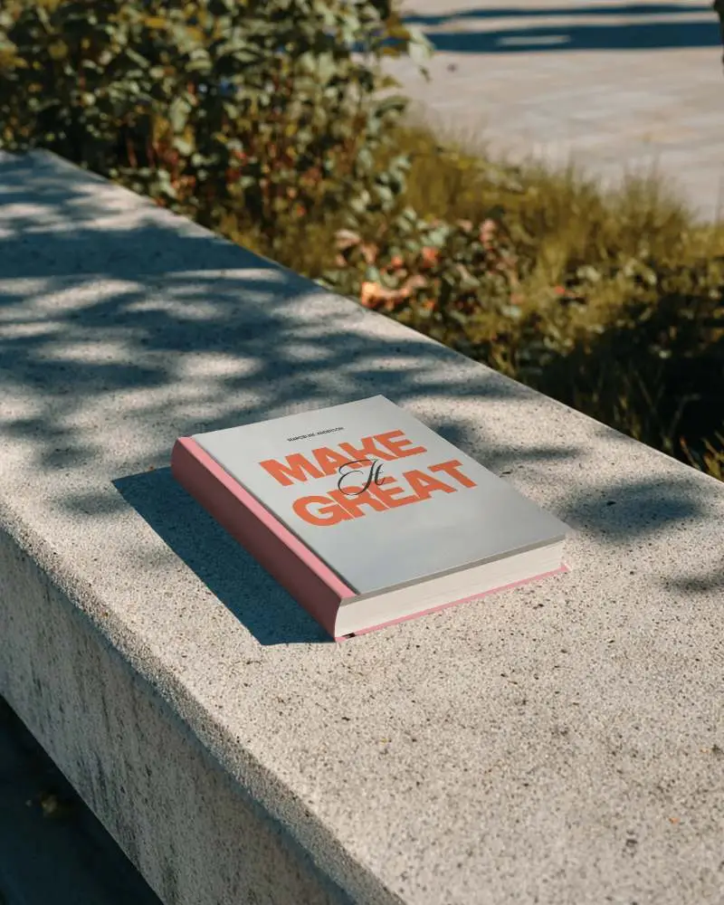 Hardcover Book Mockup On Concrete Bench Outdoor Nature Background High Quality