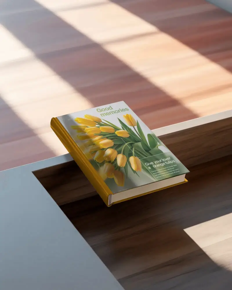 Realistic Digital Book Mockup Placed On Modern Wooden Table With Light Shadows