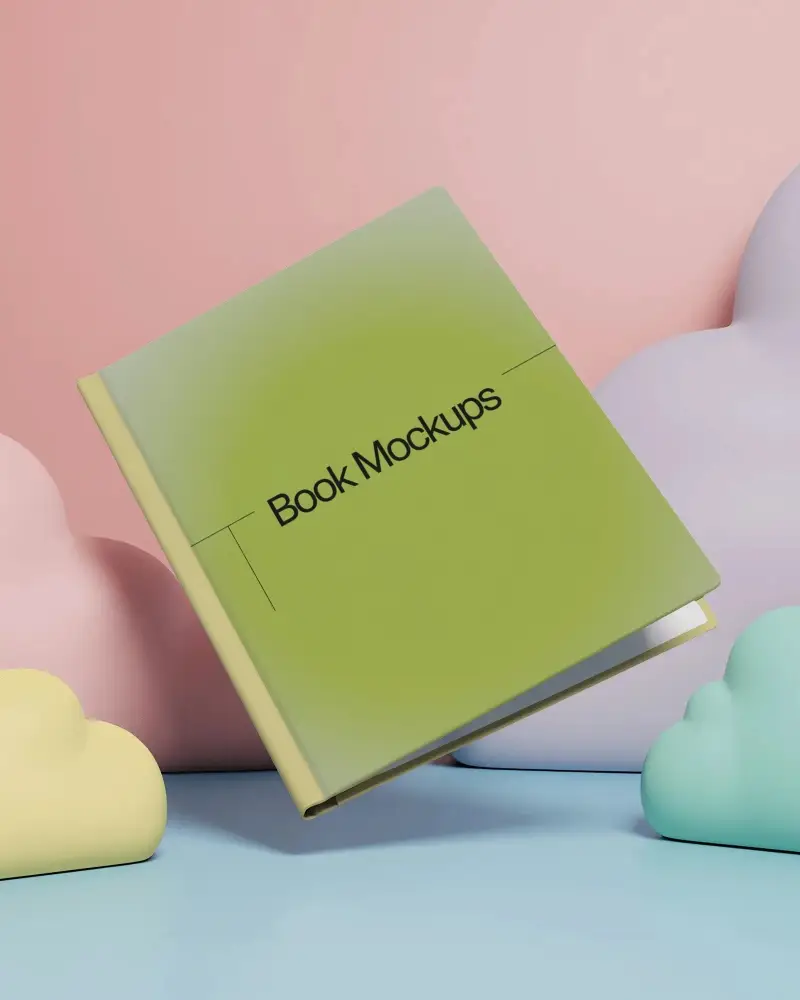 Floating Book Mockup On Pastel Cloud Shapes Background For Modern Book Display