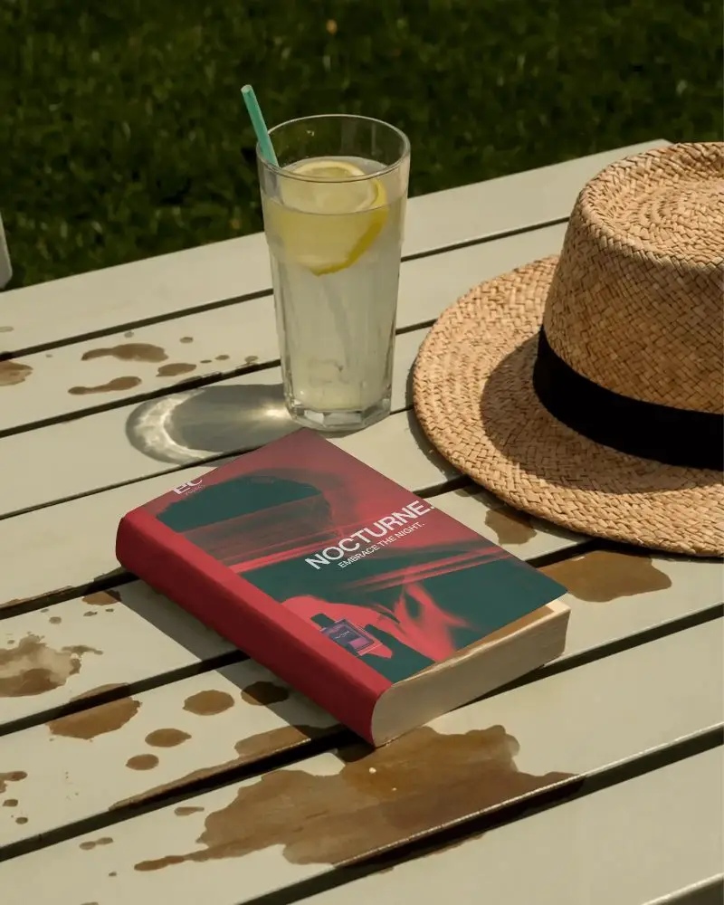 realistic-book-mockup-on-picnic-table-with-cold-drink-and-summer-hat-in-natural-light