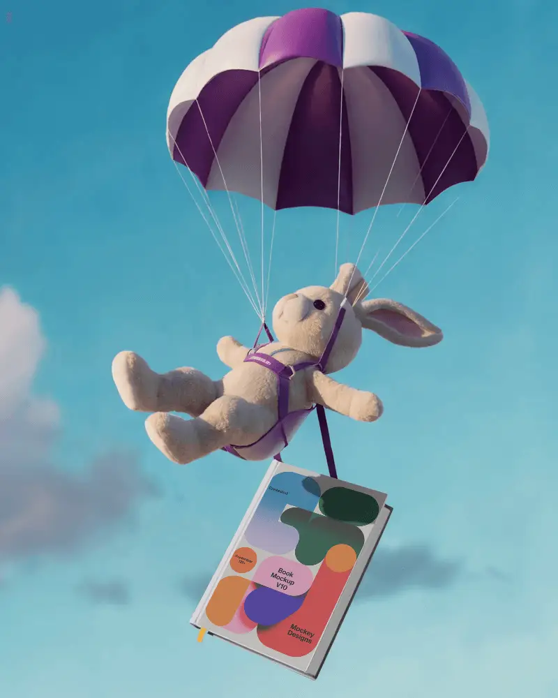 Plush Bunny Parachute Falling With Hanging Book Mockup Against Clear Blue Sky Background