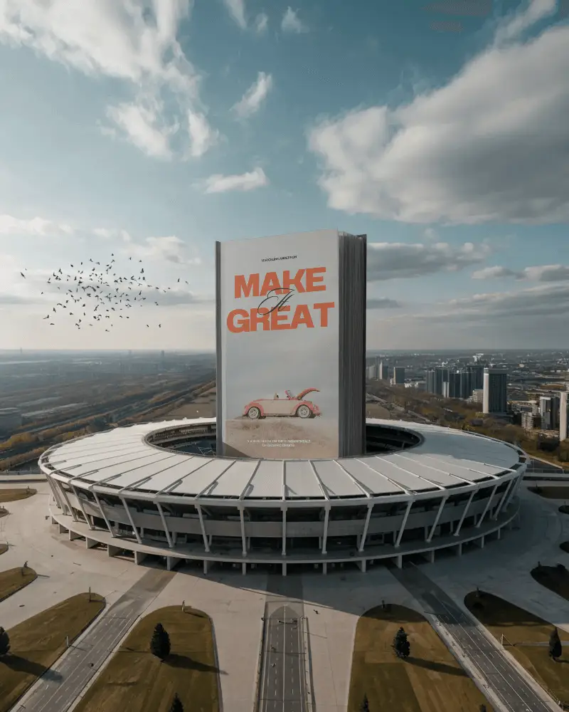 Giant Hardcover Book Mockup On Top Of Modern Stadium In Urban Landscape Skybackground