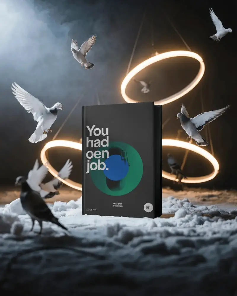 Ethereal Book Cover Mockup Surrounded By Doves And Futuristic Ring Lights In Dark Room