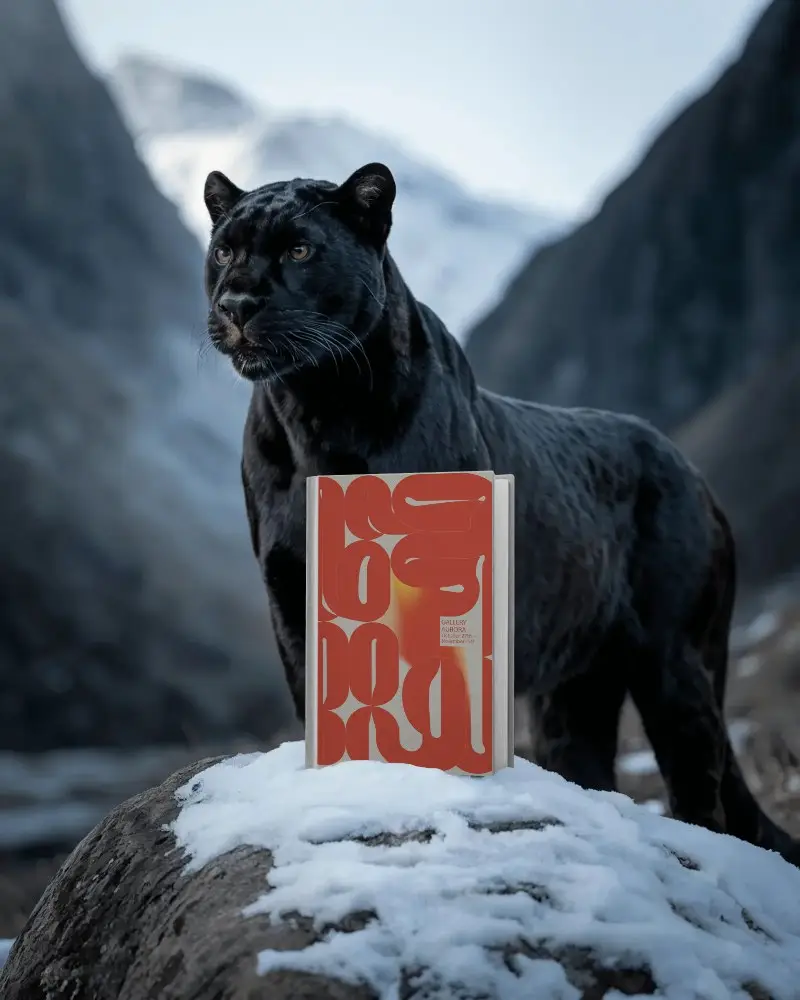 Wild Panther Book Mockup On Snowy Rock In High Mountain Landscape Background