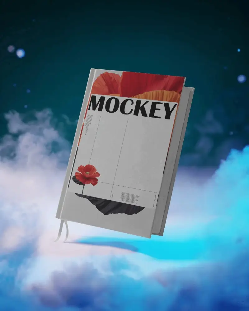 Premium Hardcover Book Mockup Floating In Creative Fantasy Background Ideal For Publishing