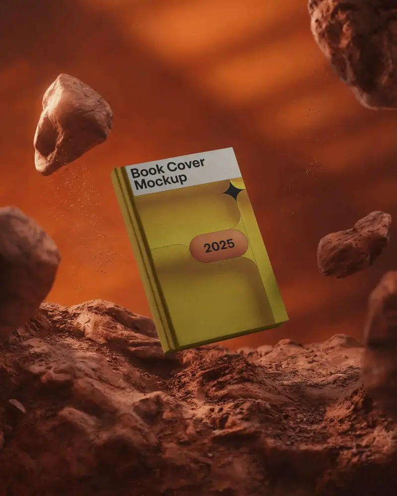 Futuristic Hardcover Book Mockup Floating On Rocky Martian Surface In Outer Space