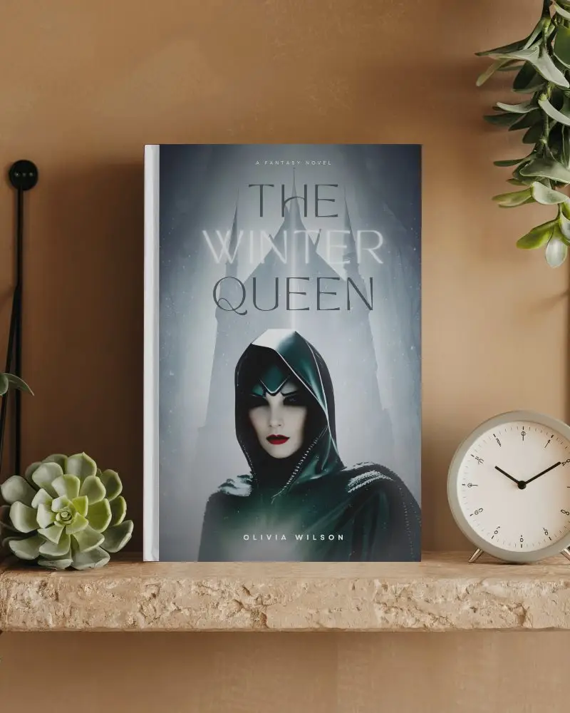 Standing Hardcover Book Mockup On Shelf Next To Clock And Green Plant Decorative Display