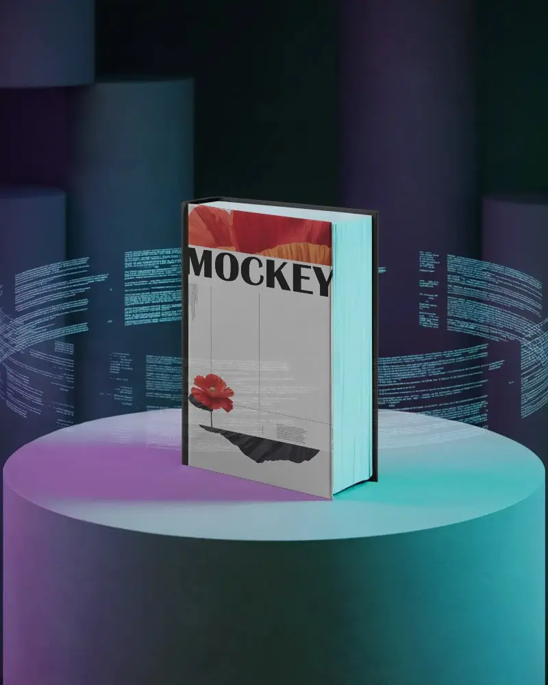 Modern Book Mockup On Abstract Round Podium With Coding Text Effect