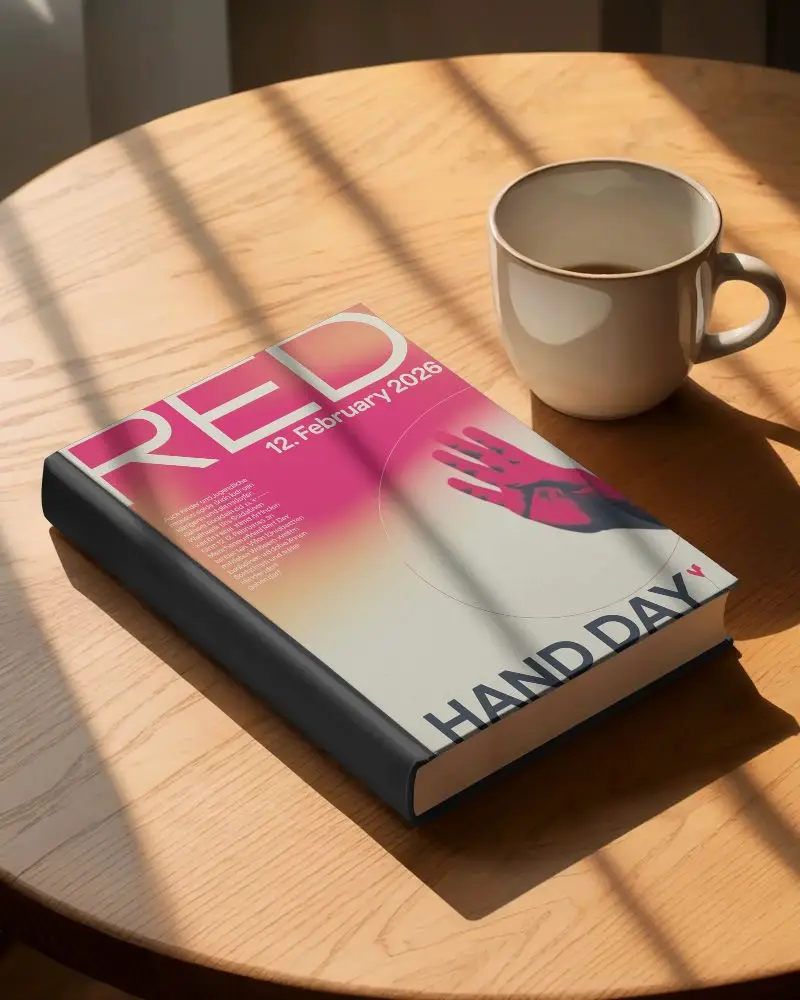 Hardcover Book Mockup On Wooden Table With Coffee Cup And Natural Light Shadow Play
