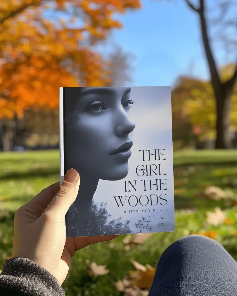 Autumn Themed Book Mockup Held In Hand With Colorful Trees And Sunny Park Background
