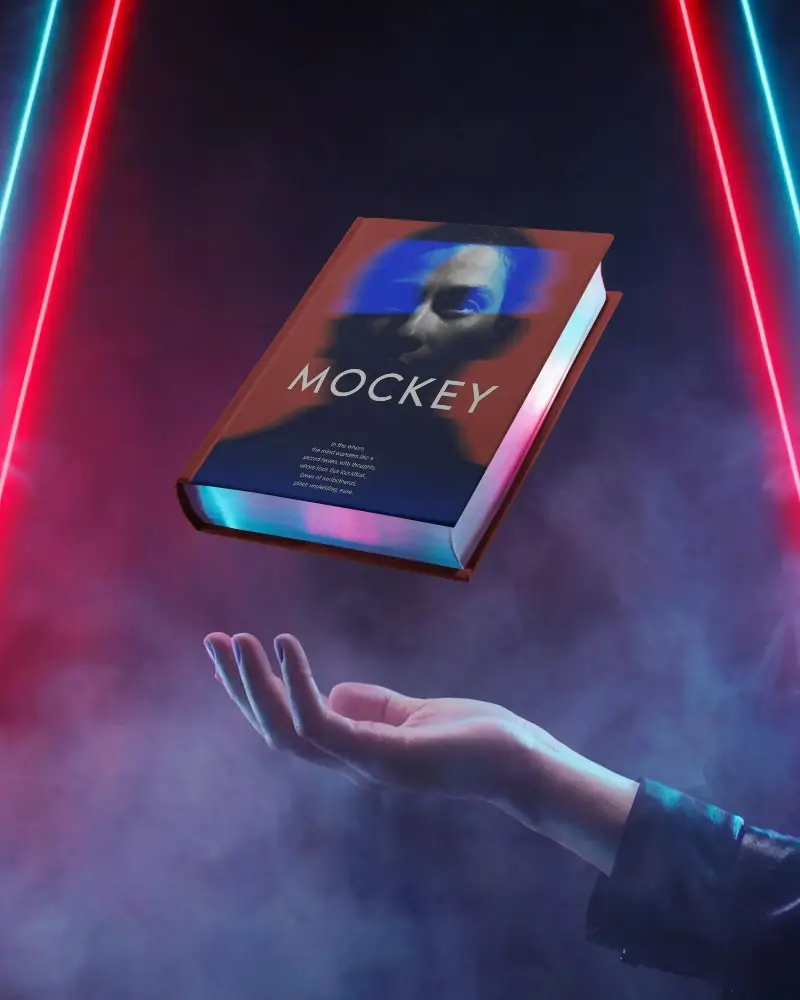 Futuristic Book Mockup Levitating Above Open Hand With Neon Light And Smoke