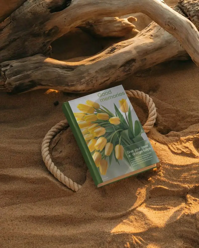 Hardcover Book Mockup Placed On Sand With Natural Driftwood Background Light Shadow