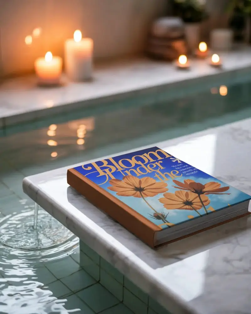 Realistic Book Mockup Stylishly Placed Next To Tranquil Pool And Ambient Candle Setup