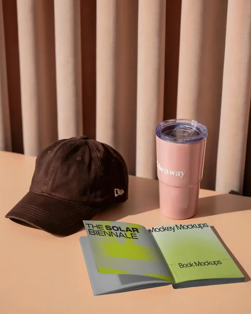 Minimalist Open Book Mockup With Blank Pages With Accessories For Branding