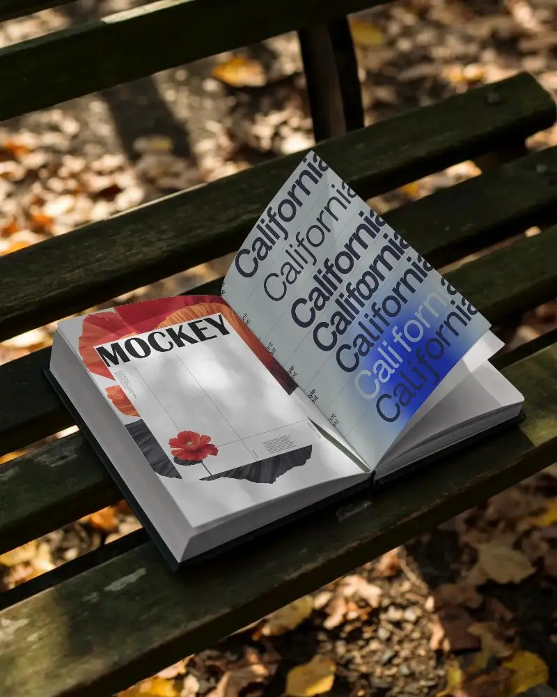 Realistic Outdoor Book Mockup With Turned Page On Wooden Surface Autumn Theme Background