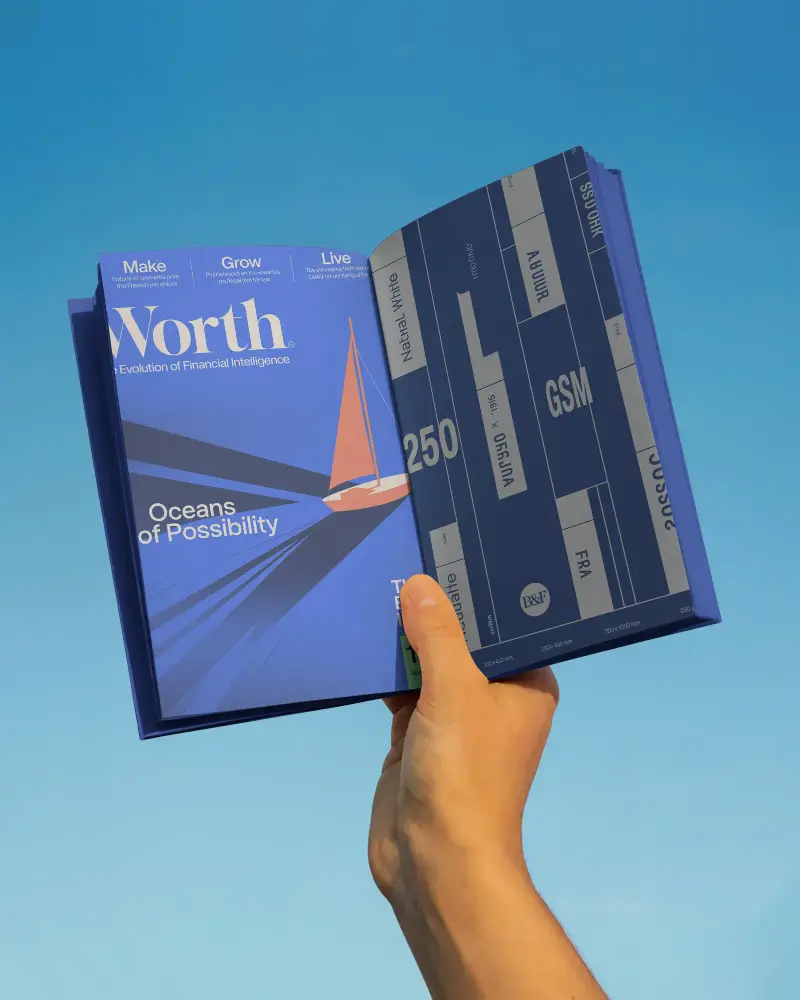 Empty Open Book Mockup With Blank Pages In Hand Floating In Bright Sky