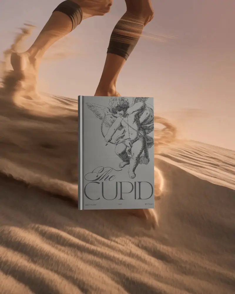 Realistic Hardcover Book Mockup Floating Against Motion Blurred Desert Sand Dune Background