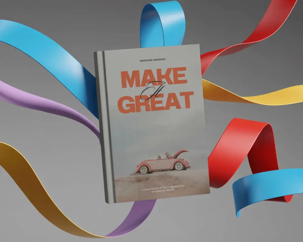 Hardcover Book Mockup Floating With Abstract Colored Ribbons Background For Design Display