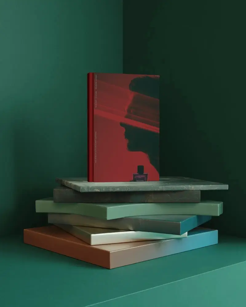 Hardcover Book Mockup With Minimalist Stacked Design On Geometric Background