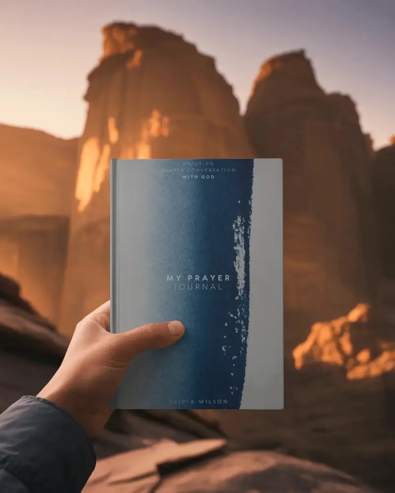 Realistic Book Mockup With Hand Standing In Front Of Scenic Canyon View