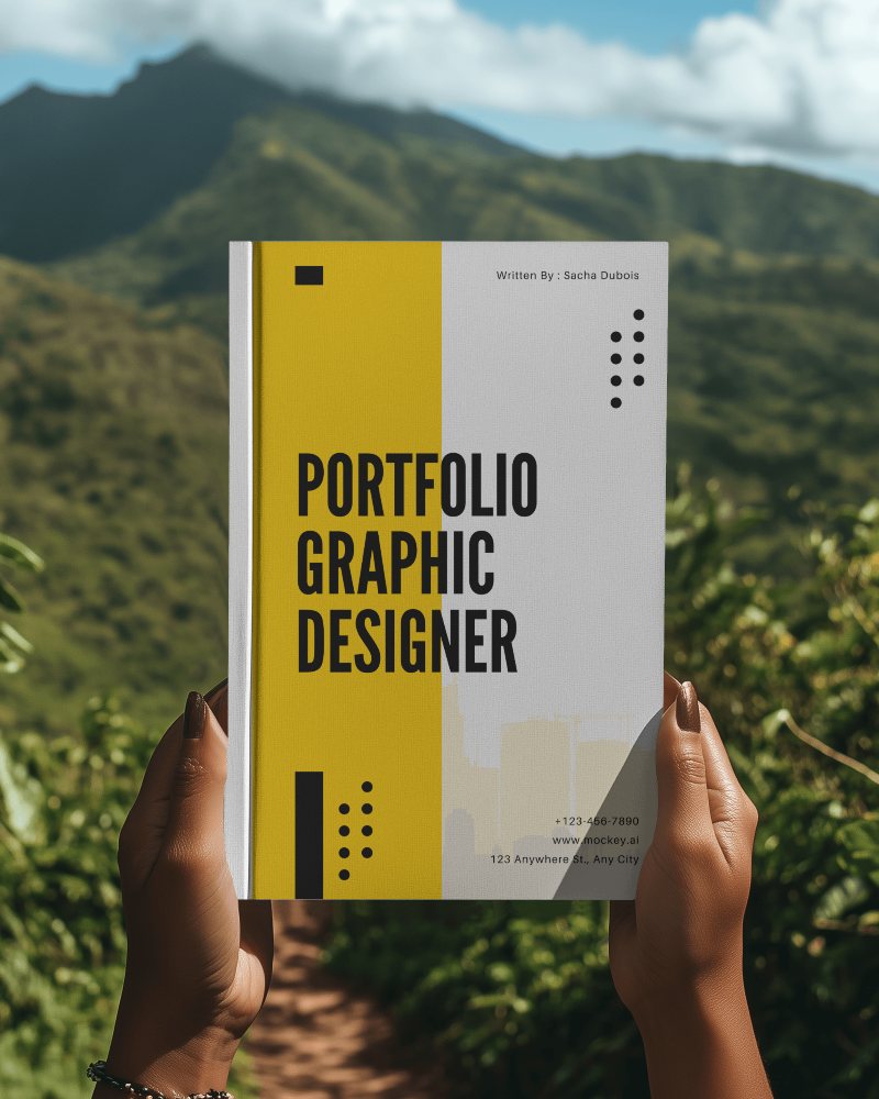 Mountain Trail Book Mockup Hands Holding Book Against Lush Greenery And Clear Blue Sky