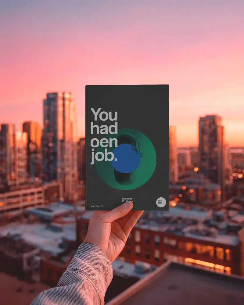 Person Holding Book Mockup With Urban Cityscape Background Sunset View