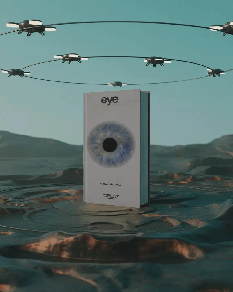 Futuristic Book Mockup With Drone Circular Arrangement And Terrain Background