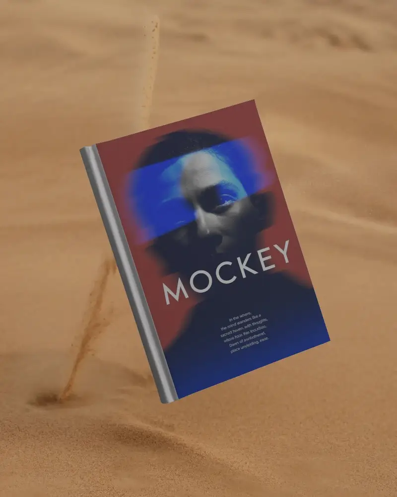 Hardcover Book Mockup Floating Above Desert Sand Background For Design Display