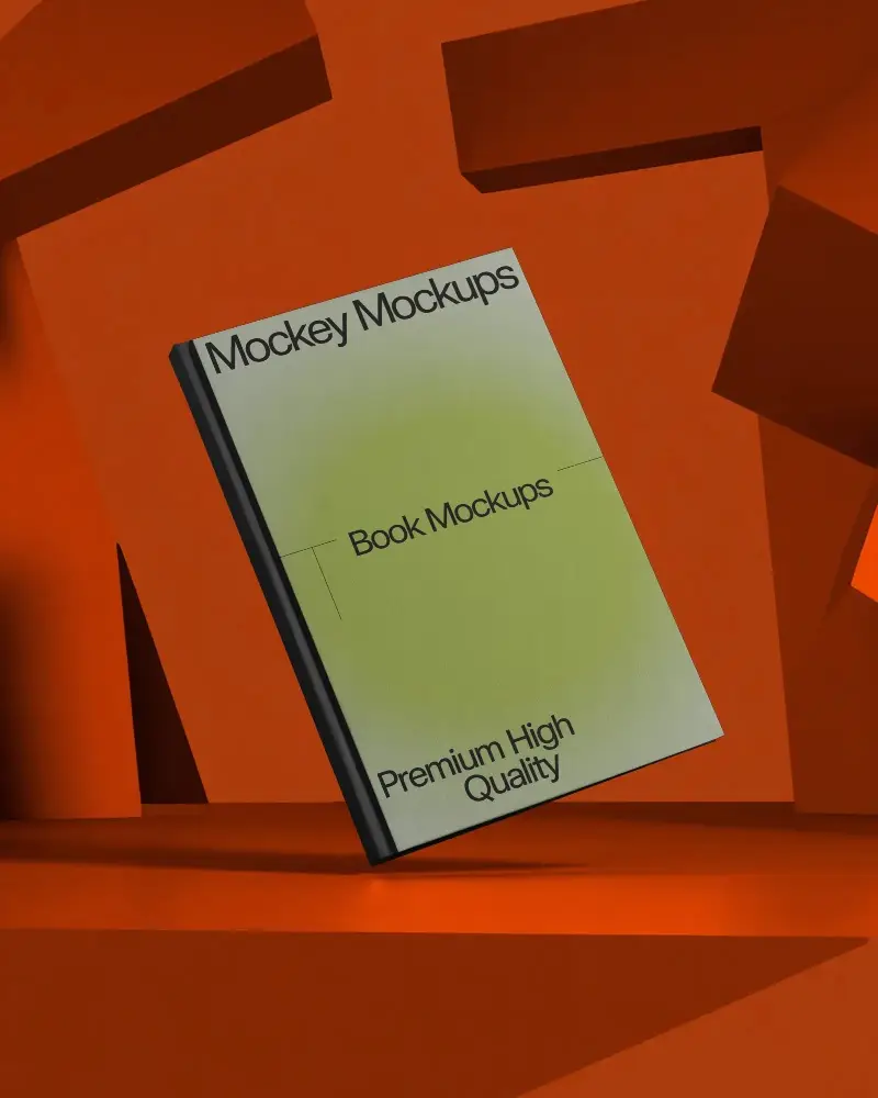 High Quality Floating Hardcover Book Mockup With Abstract Geometric Shapes Backdrop