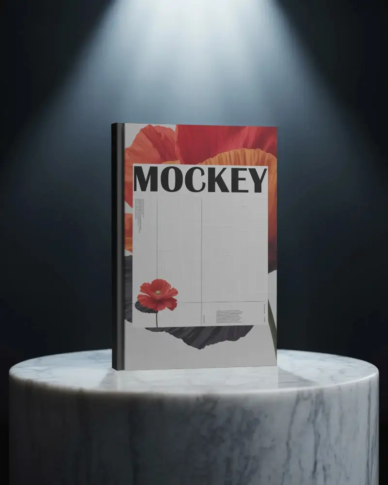 Hardcover Book Mockup Standing On Marble Pedestal With Spotlight For Presentation