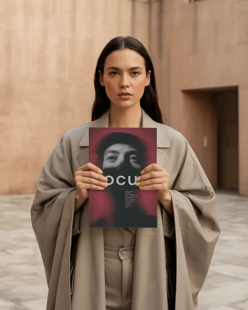 Professional Business Woman Holding Blank Hardcover Book Mockup Outdoor