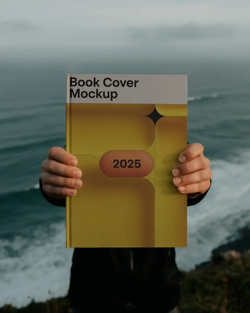 Hardcover Book Mockup Realistic Ocean Background Ideal For Publishing Presentations