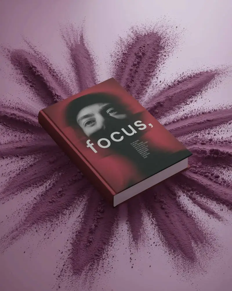 Floating Hardcover Book Mockup Above Radial Powder Burst Artistic Studio Background