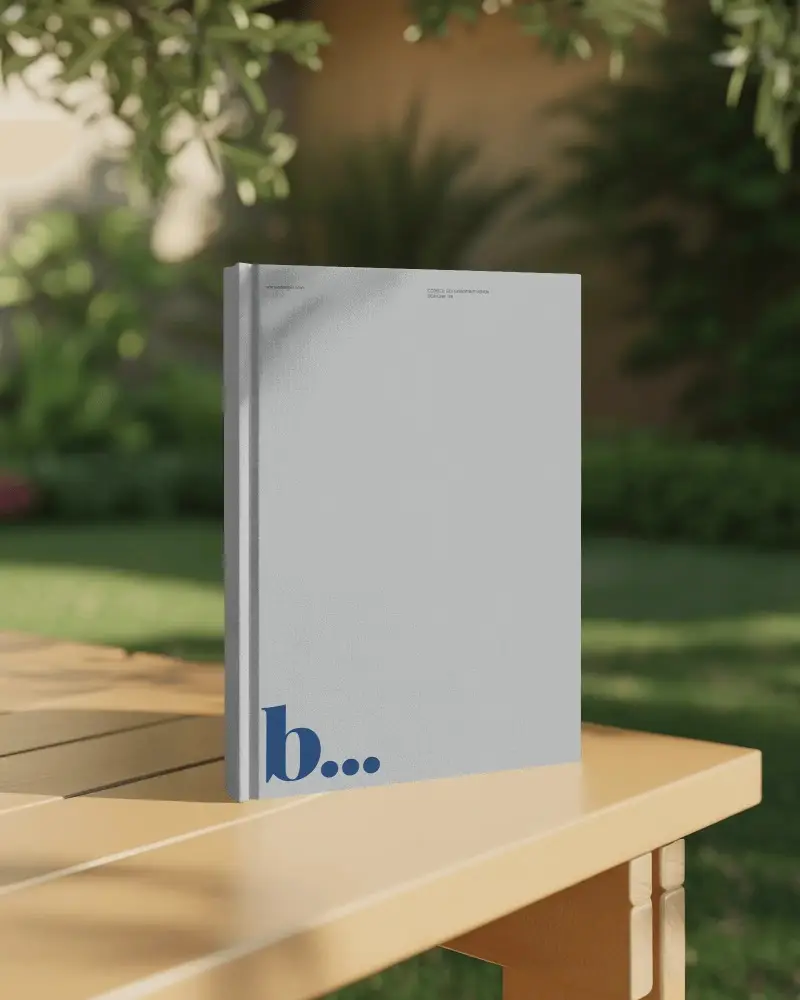Hardcover Book Mockup Standing On Wooden Garden Table Natural Outdoor Light