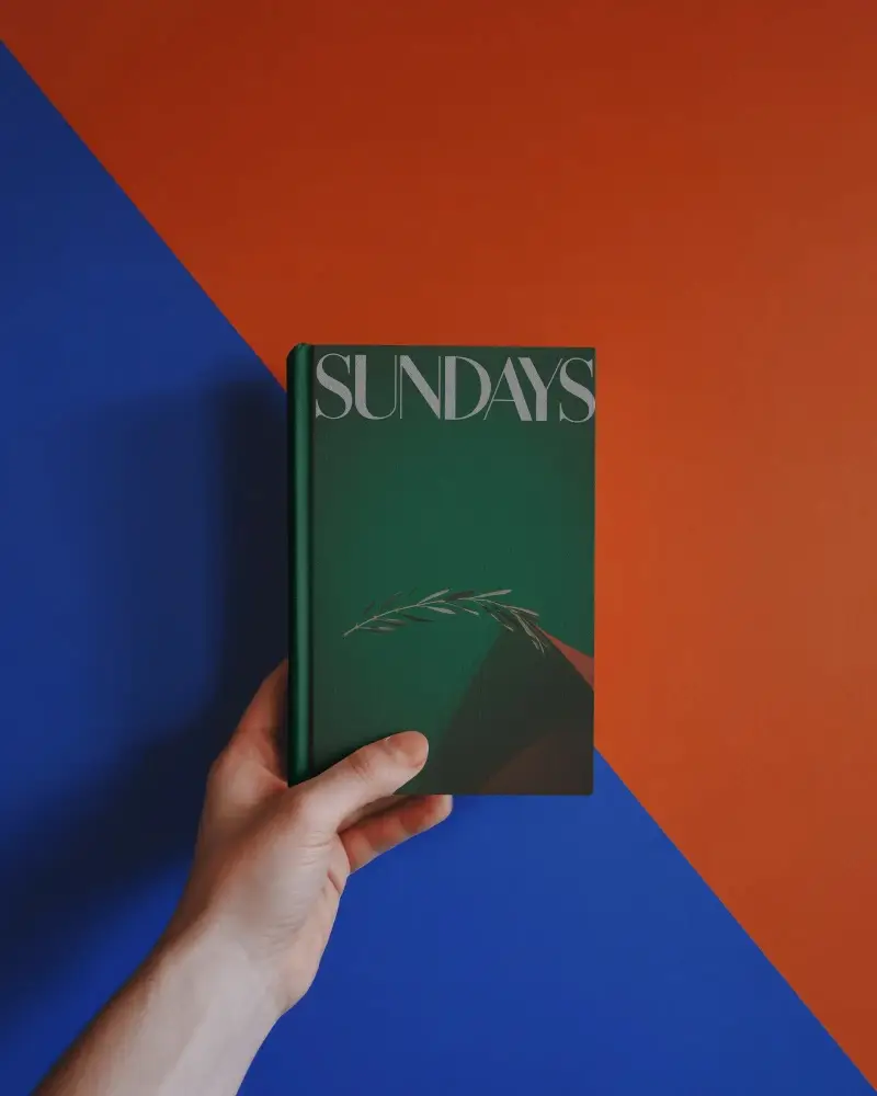 Hand Holding Hardcover Book Mockup Against Bold Duotone Studio Background