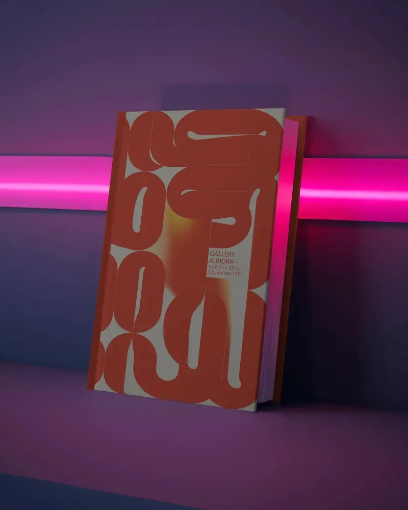 Hardcover Book Mockup Leaning Against Neon Light Bar Futuristic Studio Background