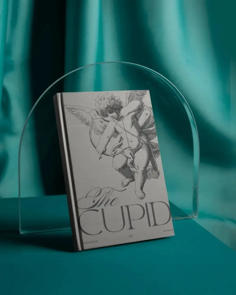 Hardcover Book Mockup Standing Under Clear Acrylic Arch Modern Teal Studio Display