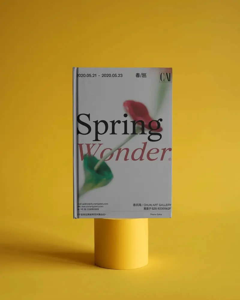 Hardcover Book Mockup Standing On Yellow Cylinder Podium Minimal Studio Background