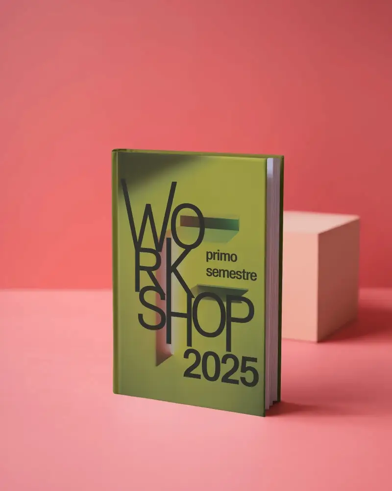 Hardcover Book Mockup Standing On Coral Studio Surface With Minimal Cube Background