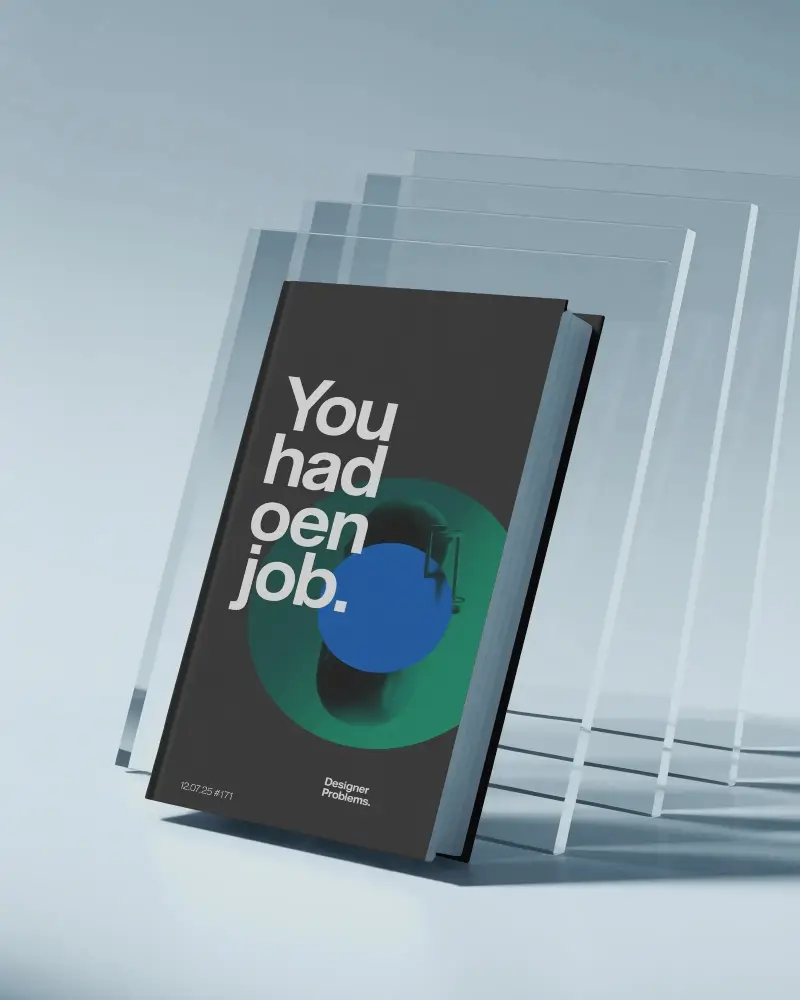 Hardcover Book Mockup Leaning Against Layered Glass Panels Modern Minimal Studio Scene