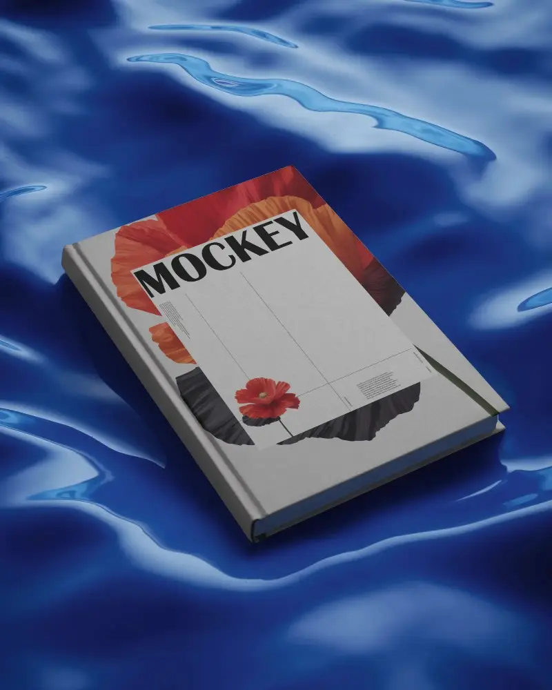Hardcover Book Mockup Floating On Reflective Blue Liquid Surface Modern Studio Scene