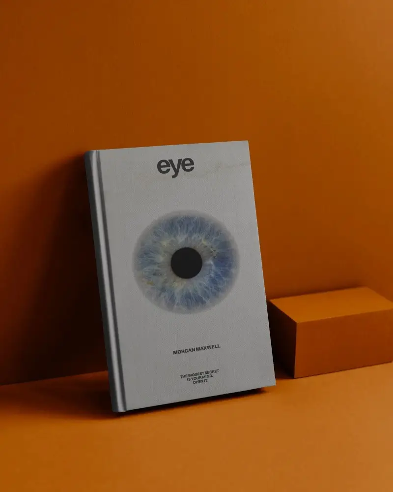 Hardcover Book Mockup Leaning Against Burnt Orange Studio Wall With Minimal Cube