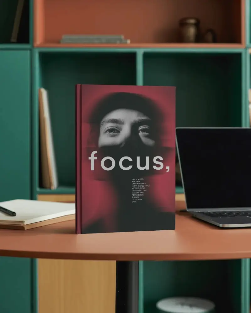 Hardcover Book Mockup Standing On Modern Office Desk Workspace Scene