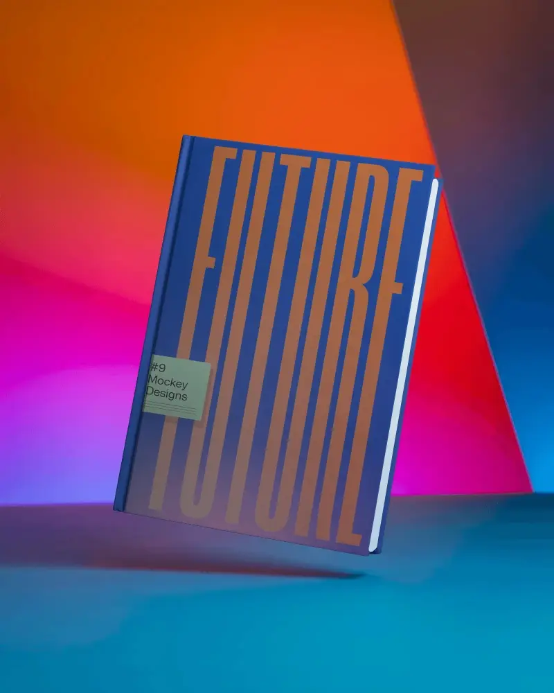 Floating Hardcover Book Mockup On Vibrant Gradient Geometric Studio Background
