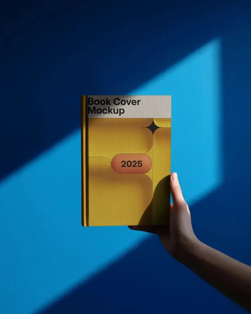 Hand Holding Hardcover Book Mockup With Dramatic Blue Window Light Shadow