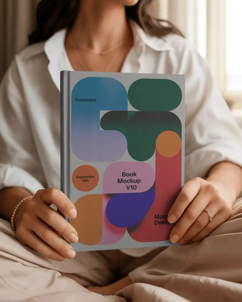 Woman Holding Hardcover Book Mockup Seated In Soft Natural Light Interior
