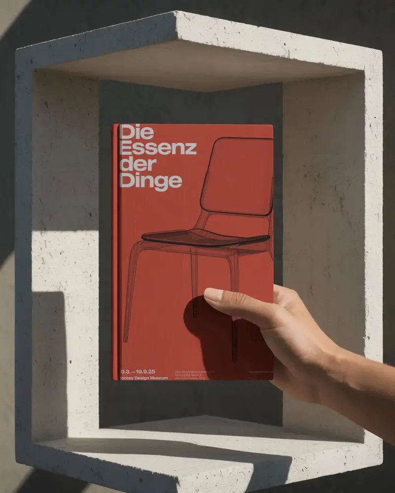 Hand Holding Hardcover Book Mockup Inside Concrete Architectural Frame With Dramatic Sunlight Shadow